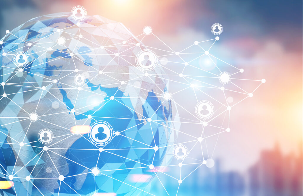 Planet Earth hologram and a network sketch on top of it. There is a blurred cityscape in the background. Toned image double exposure mock up. Elements of this image furnished by NASA
