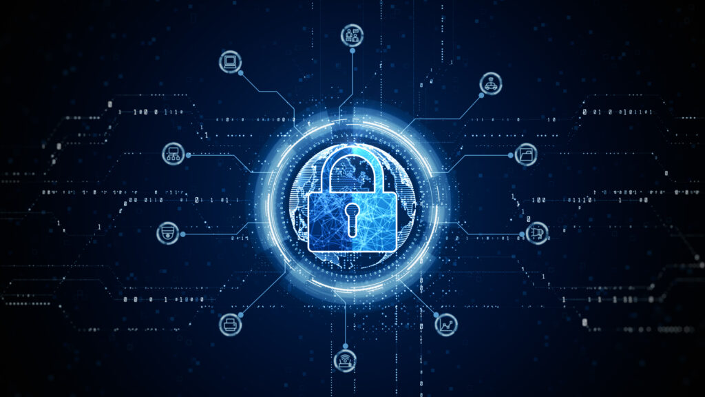 HUD Padlock Icon Cyber Security, Digital Data Network Protection, Future Technology Digital Data Network Connection Background Concept. 3d rendering