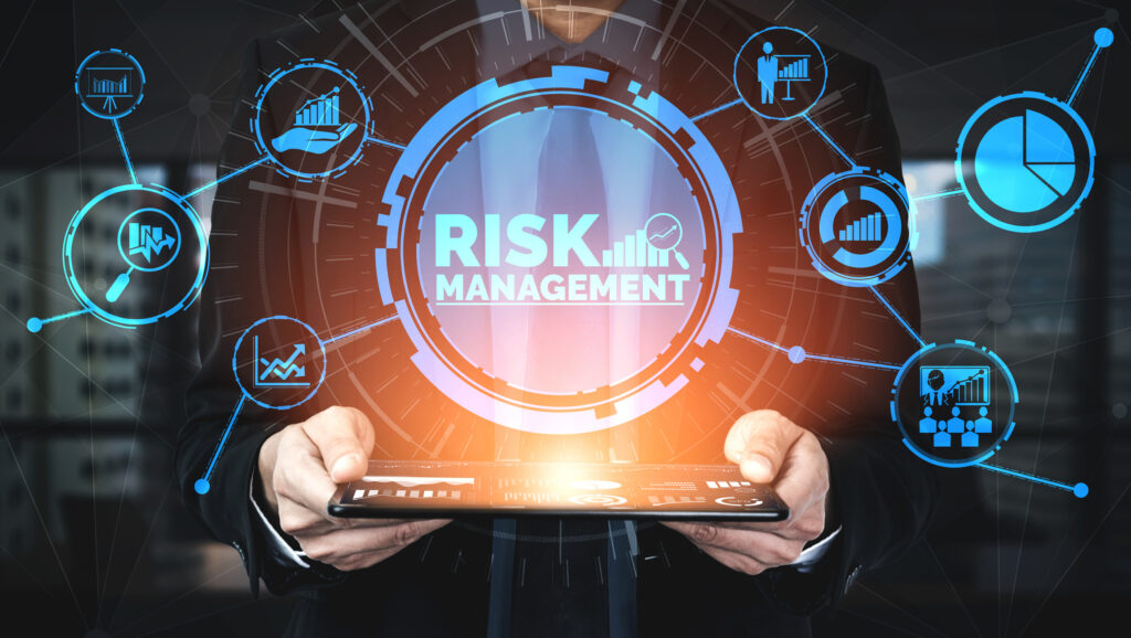 Risk Management and Assessment for Business Investment Concept. Modern graphic interface showing symbols of strategy in risky plan analysis to control unpredictable loss and build financial safety.