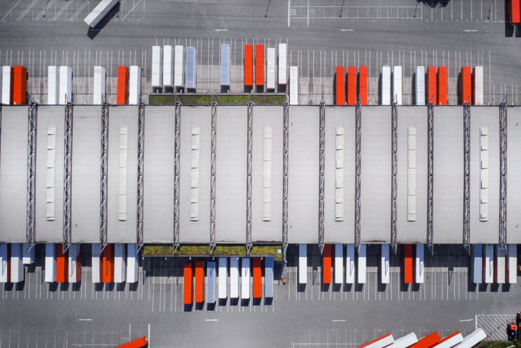 Distribution logistics building parking lot - aerial view