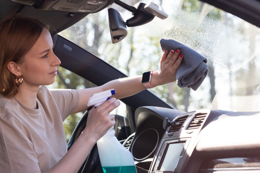 Closeup of woman driver cleansing car windshield with spray, wipes with microfiber from dust and dirt.
